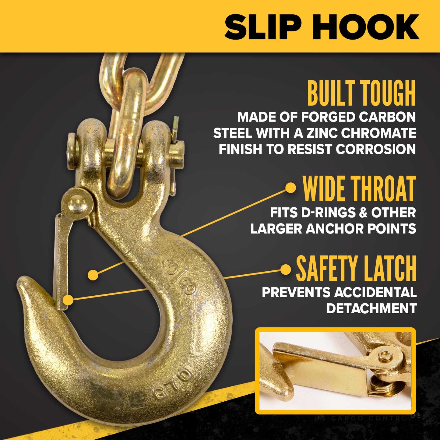 3/8" x 10' Grade 70 Transport Chain | Clevis Grab Hook & Clevis Slip Hook with Latch