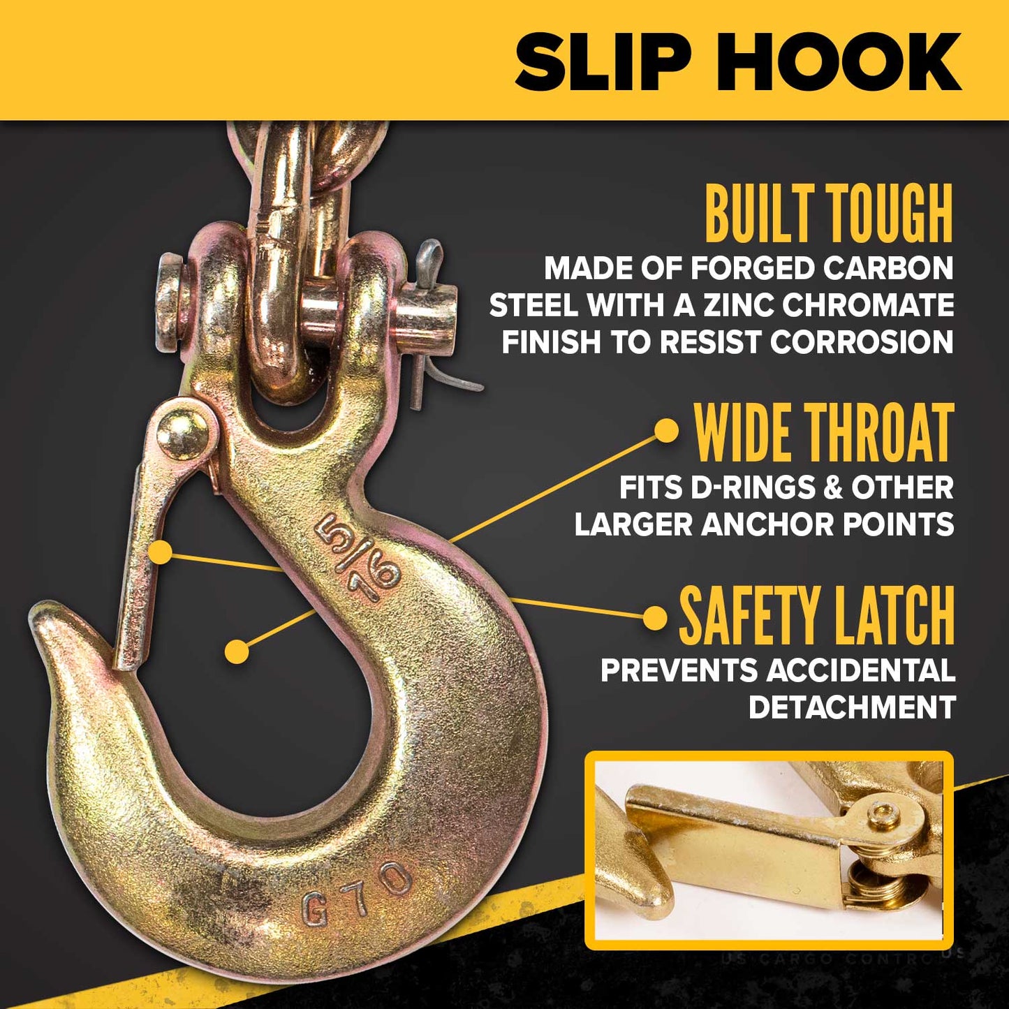 5/16" x 10' Grade 70 Transport Chain | Clevis Grab Hook & Clevis Slip Hook with Latch