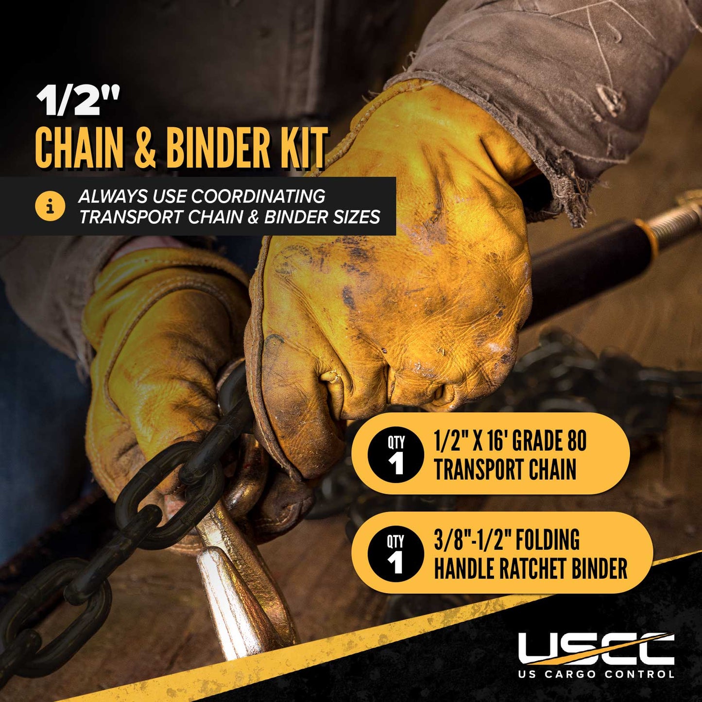 1/2" x 16' Grade 80 Chain and Binder Kit | Folding Handle Ratchet Binder