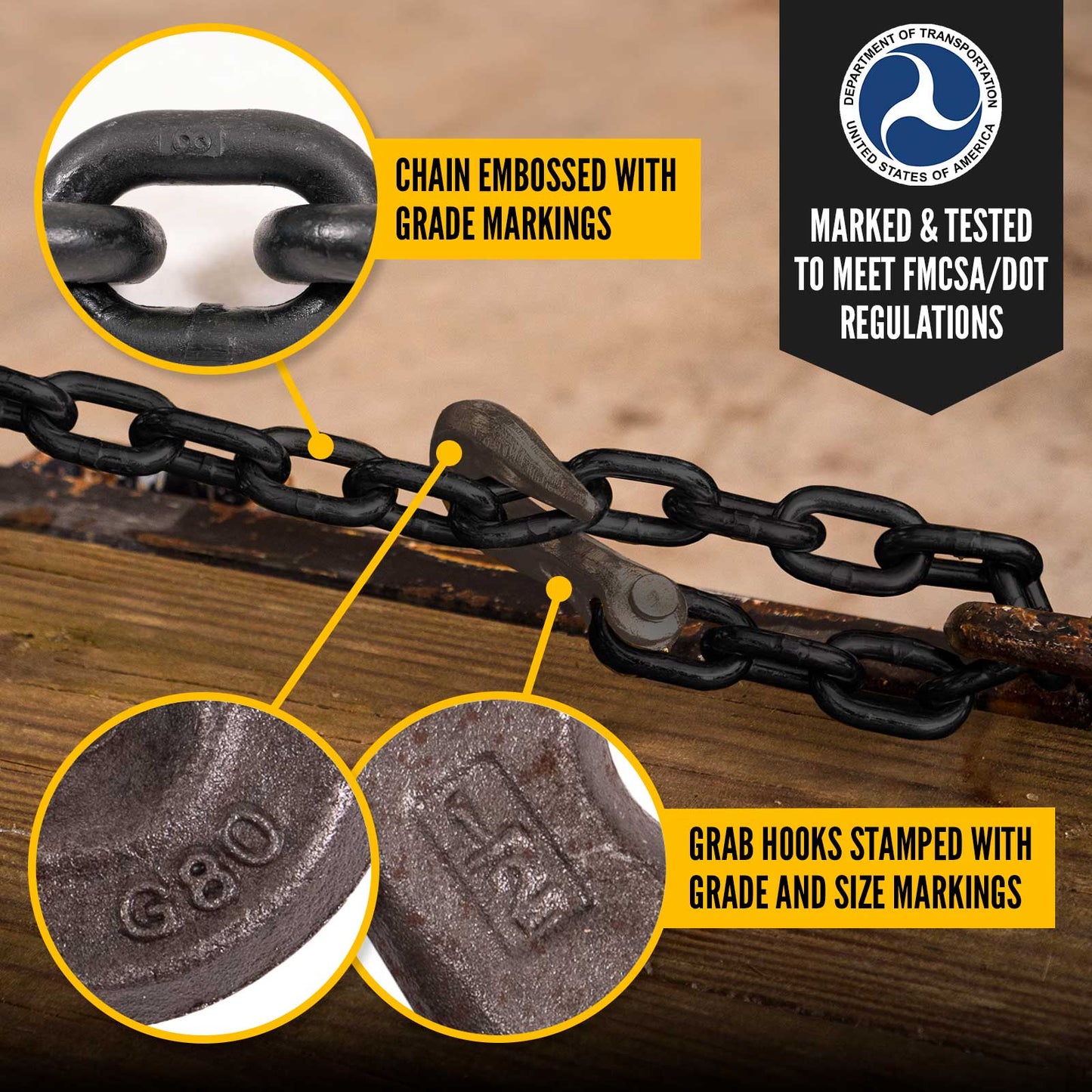 1/2" x 10' Tie Down Chain with Clevis Grab Hooks | Grade 80