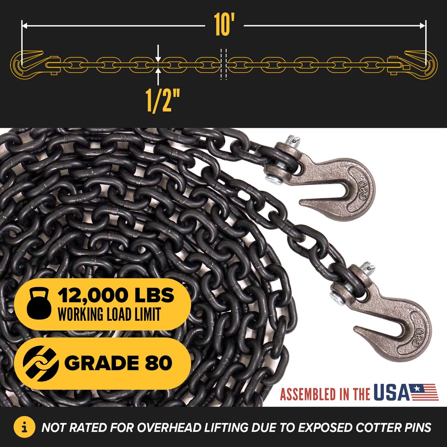 1/2" x 10' Tie Down Chain with Clevis Grab Hooks | Grade 80