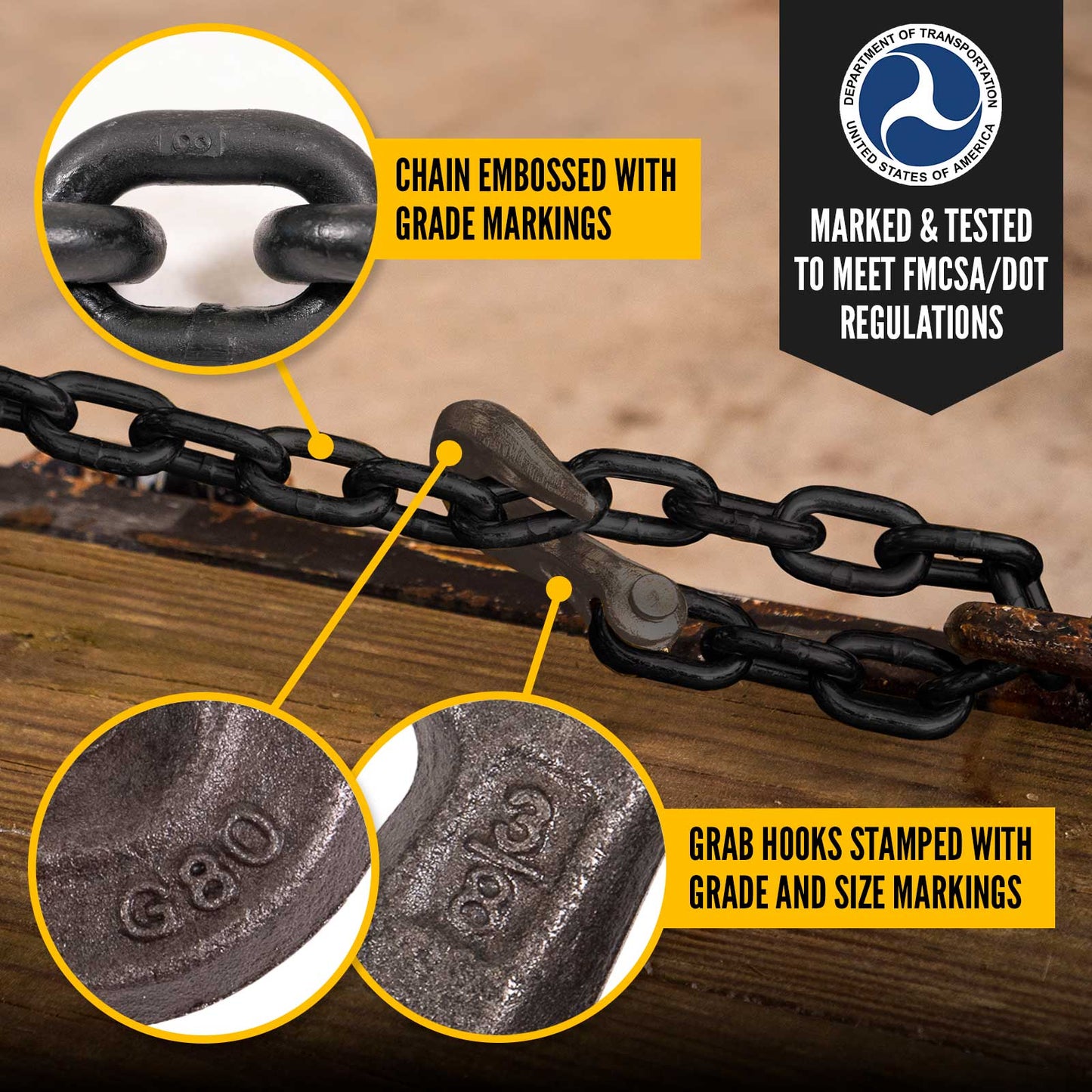 3/8" x 10' Tie Down Chain with Clevis Grab Hooks | Grade 80