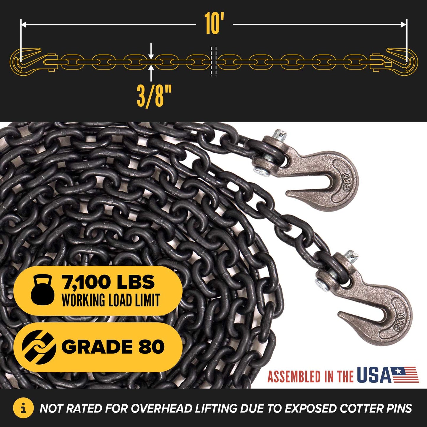 3/8" x 10' Tie Down Chain with Clevis Grab Hooks | Grade 80