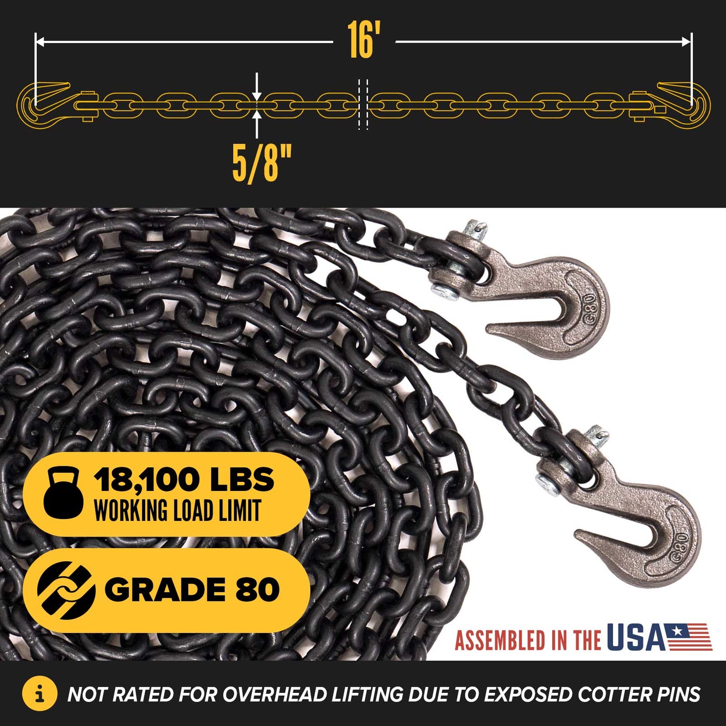 5/8" x 16' Tie Down Chain with Clevis Grab Hooks | Grade 80