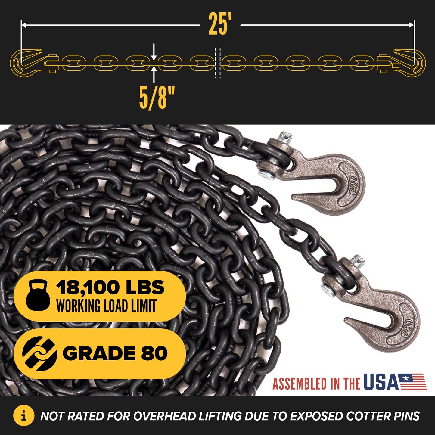 5/8" x 25' Tie Down Chain with Clevis Grab Hooks | Grade 80