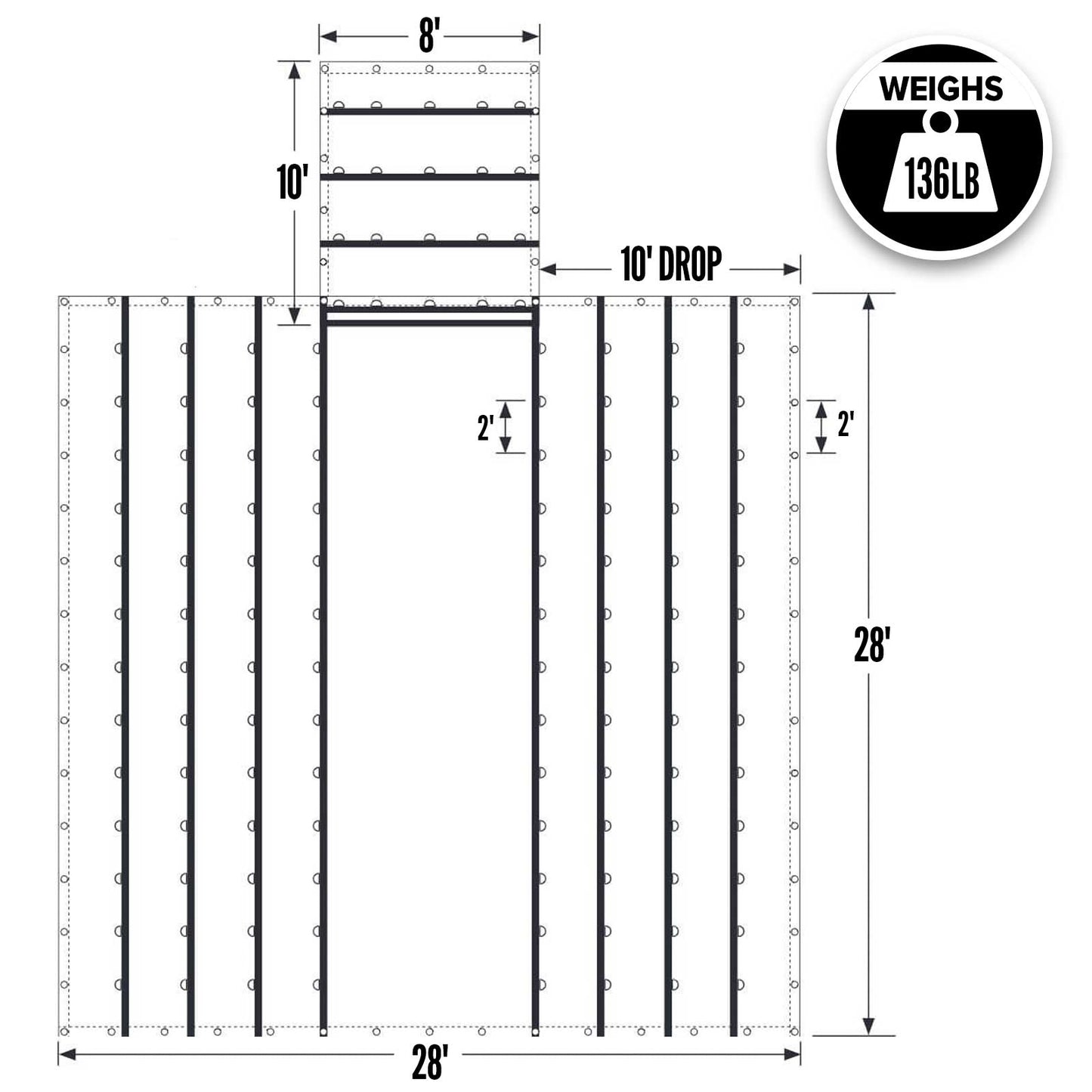 28' x 28' Heavy Duty Lumber Tarp | 10' Drop & Flap - 18 oz. Black Tarp