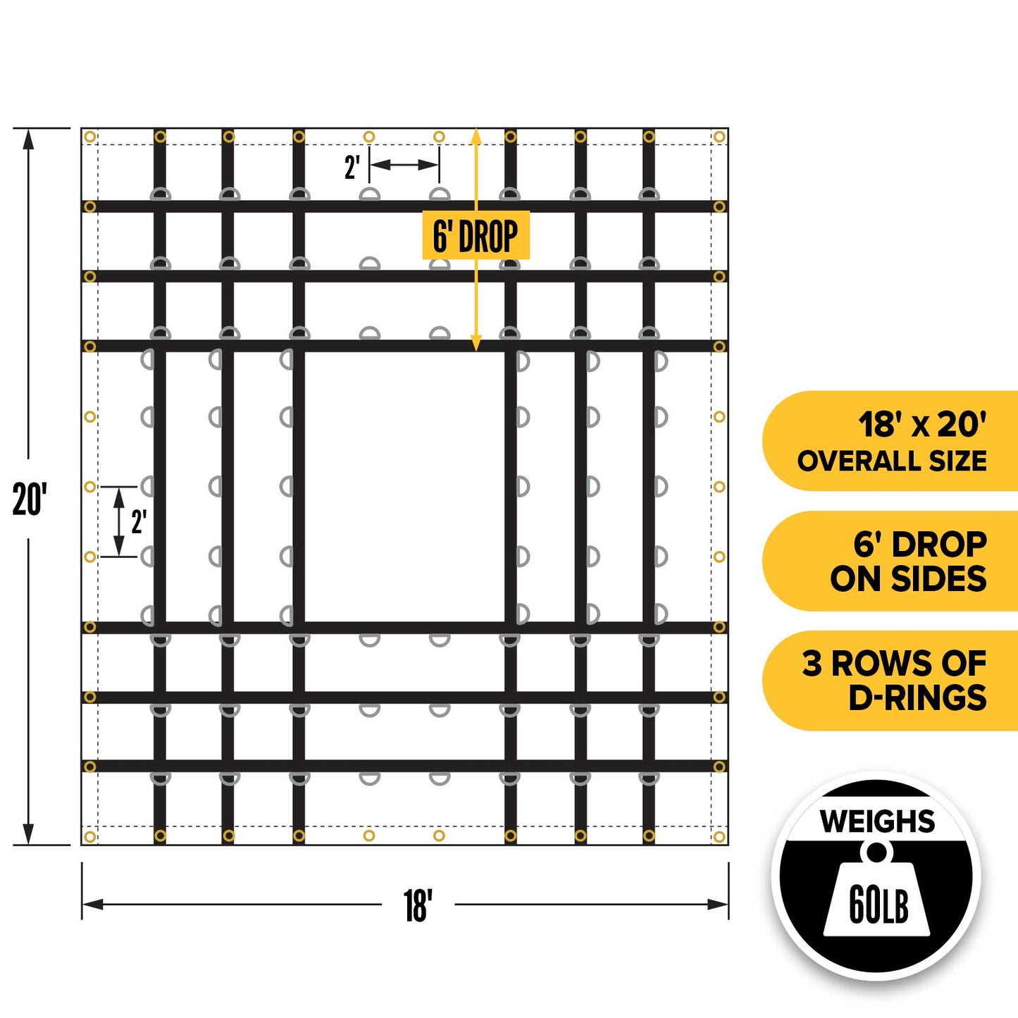 20' x 18' Heavy Duty Steel Tarp | 6' Drop - 18 oz. Black Tarp