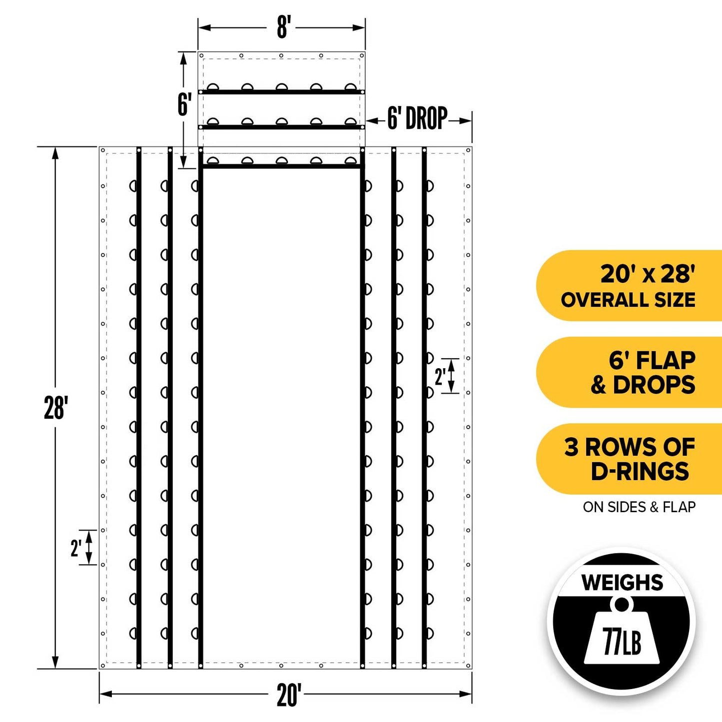 20' x 28' Lightweight Lumber Tarp | 6' Drop & Flap - 14 oz. Black Tarp