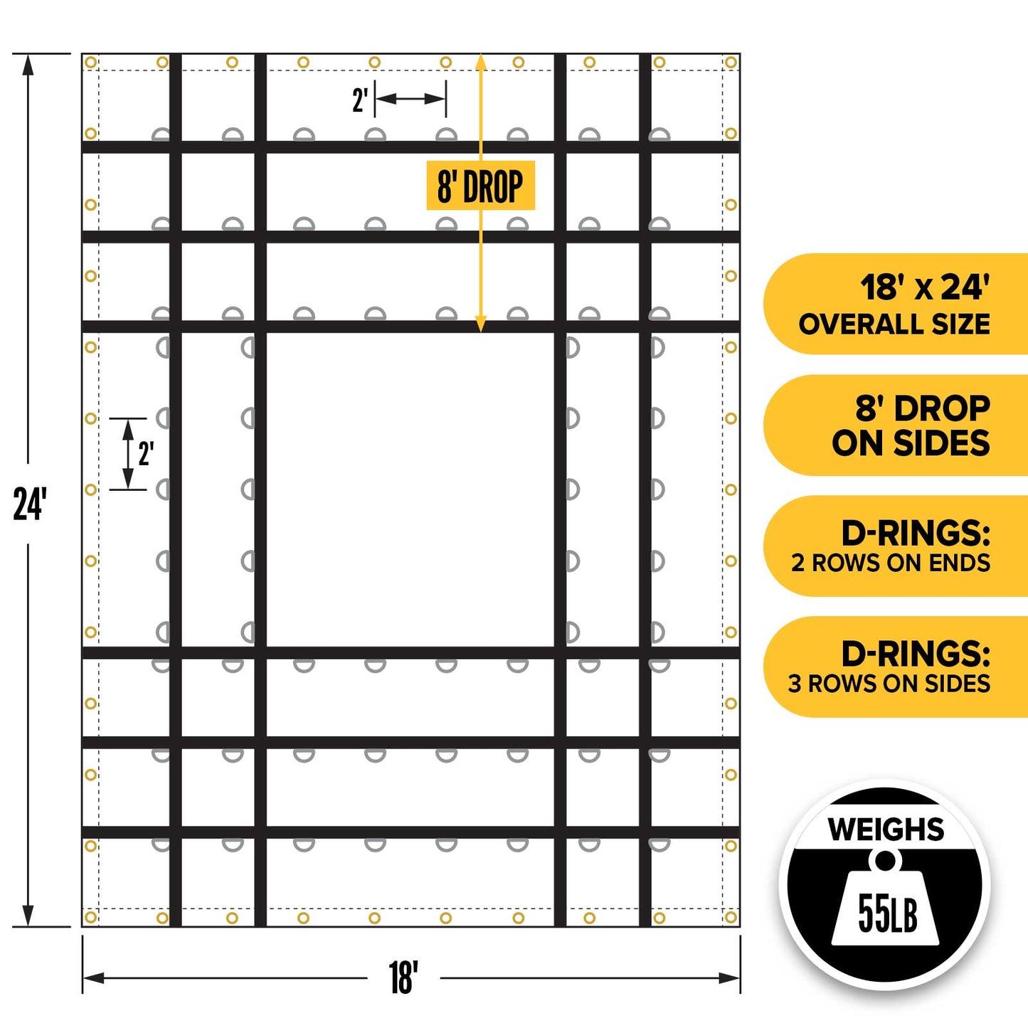 24' x 18' Lightweight Steel Tarp | 8' Drop - 14 oz. Black Tarp