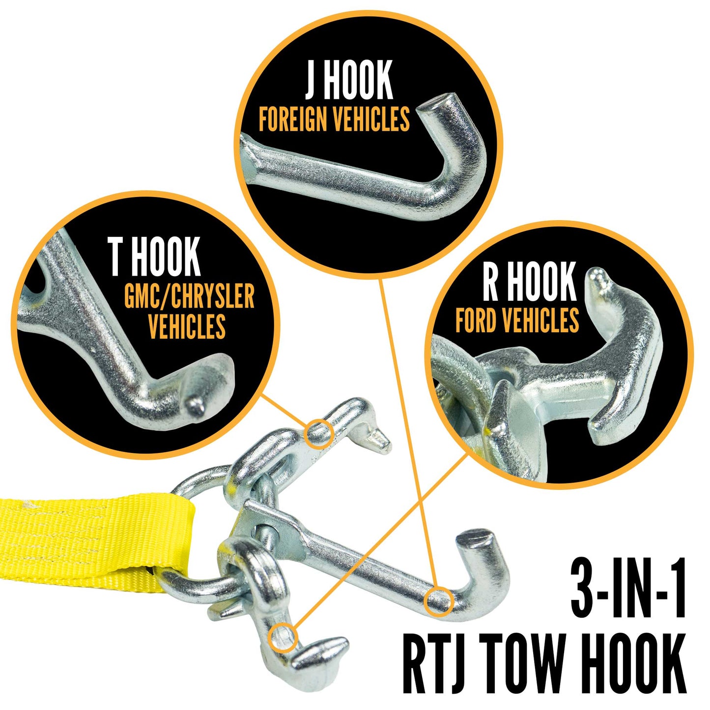 8' replacement tow strap -  RTJ cluster hook attaches to 3 kinds of vehicles