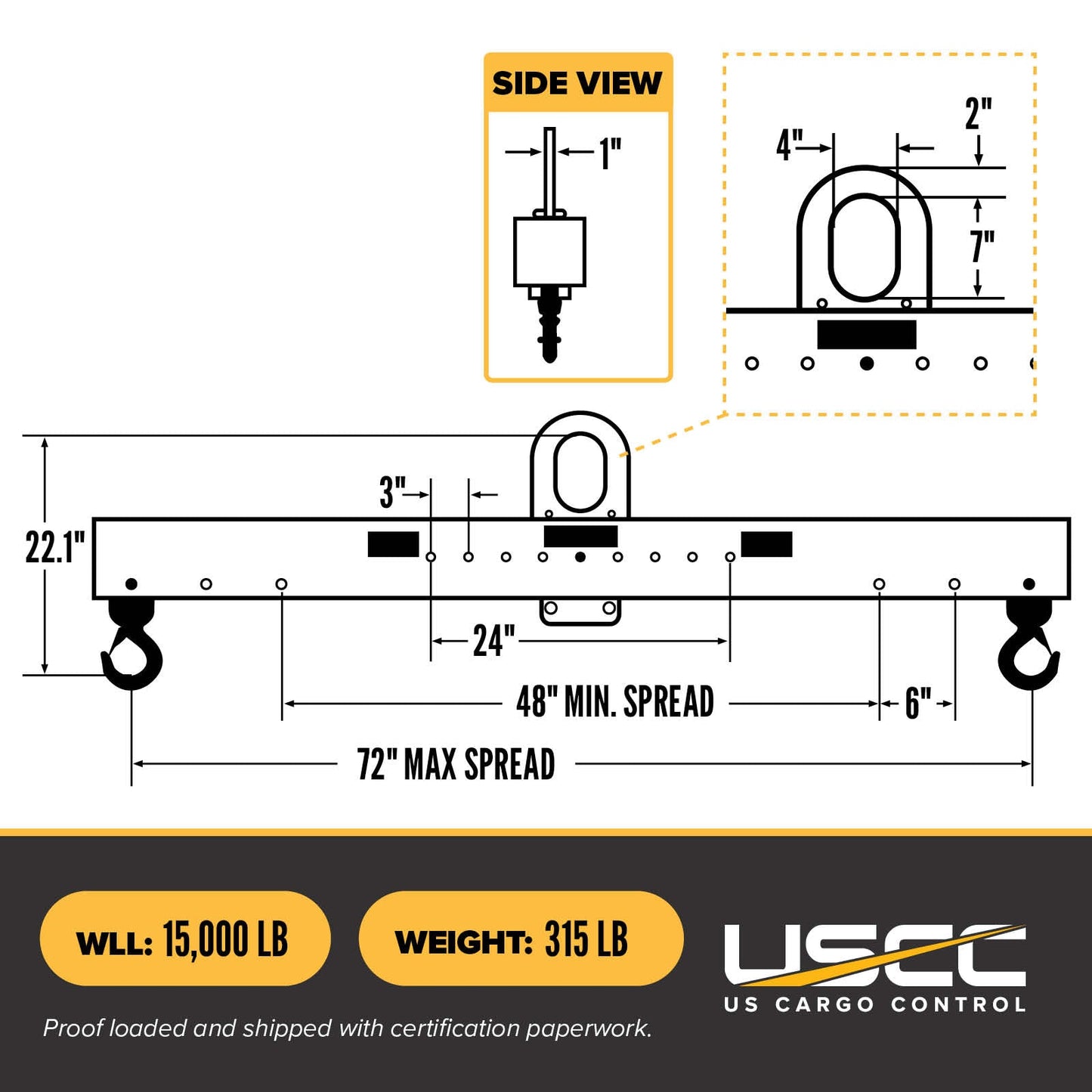 M&W 16420 standard adjustable lifting beam w/ swivel hooks specs