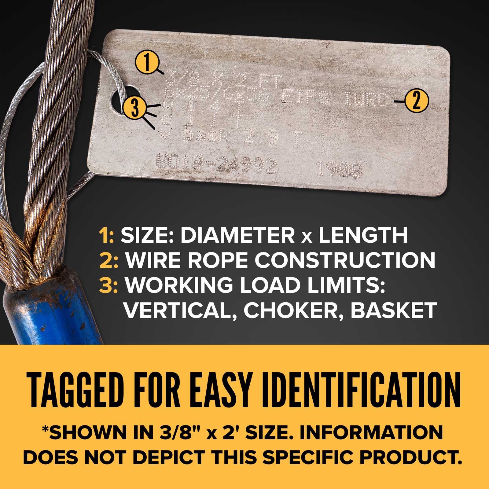 8' 5/8" wire rope sling tagged for easy identification