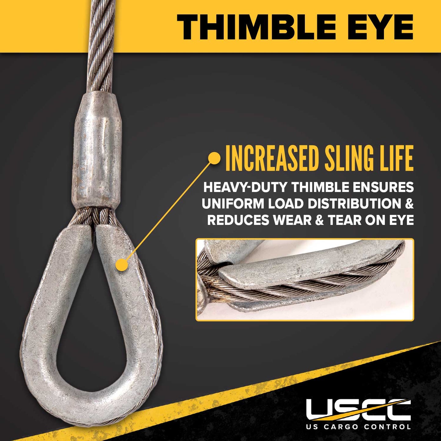 4' 7/8" thimbled eye protects wire rope sling