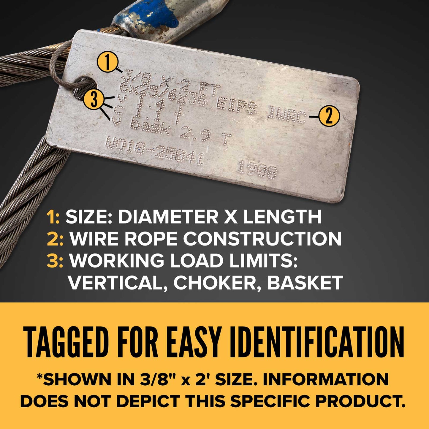 3' 1/2" wire rope sling tagged for easy identification