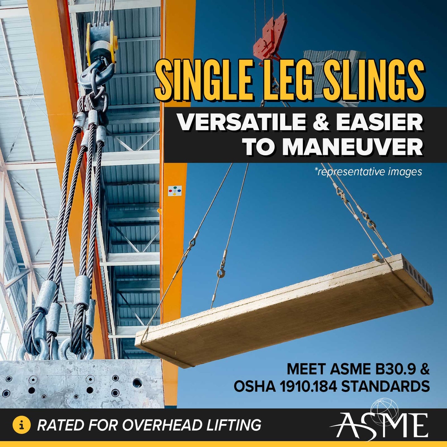 3' 3/8" single leg wire rope slings are versatile and meet all standards