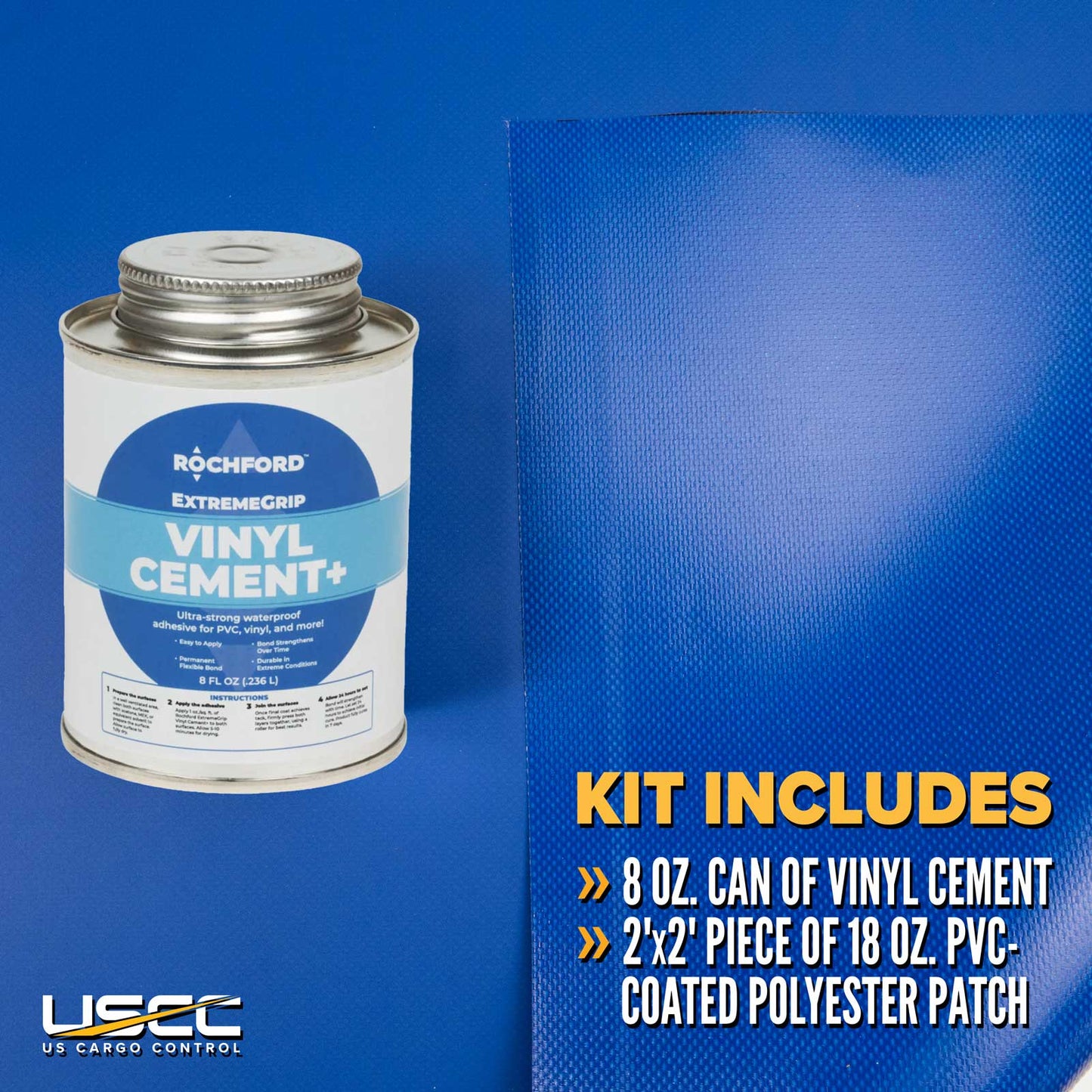 Tarp Repair Kit: 2'x2' Blue Tarp Patch and Vinyl Cement