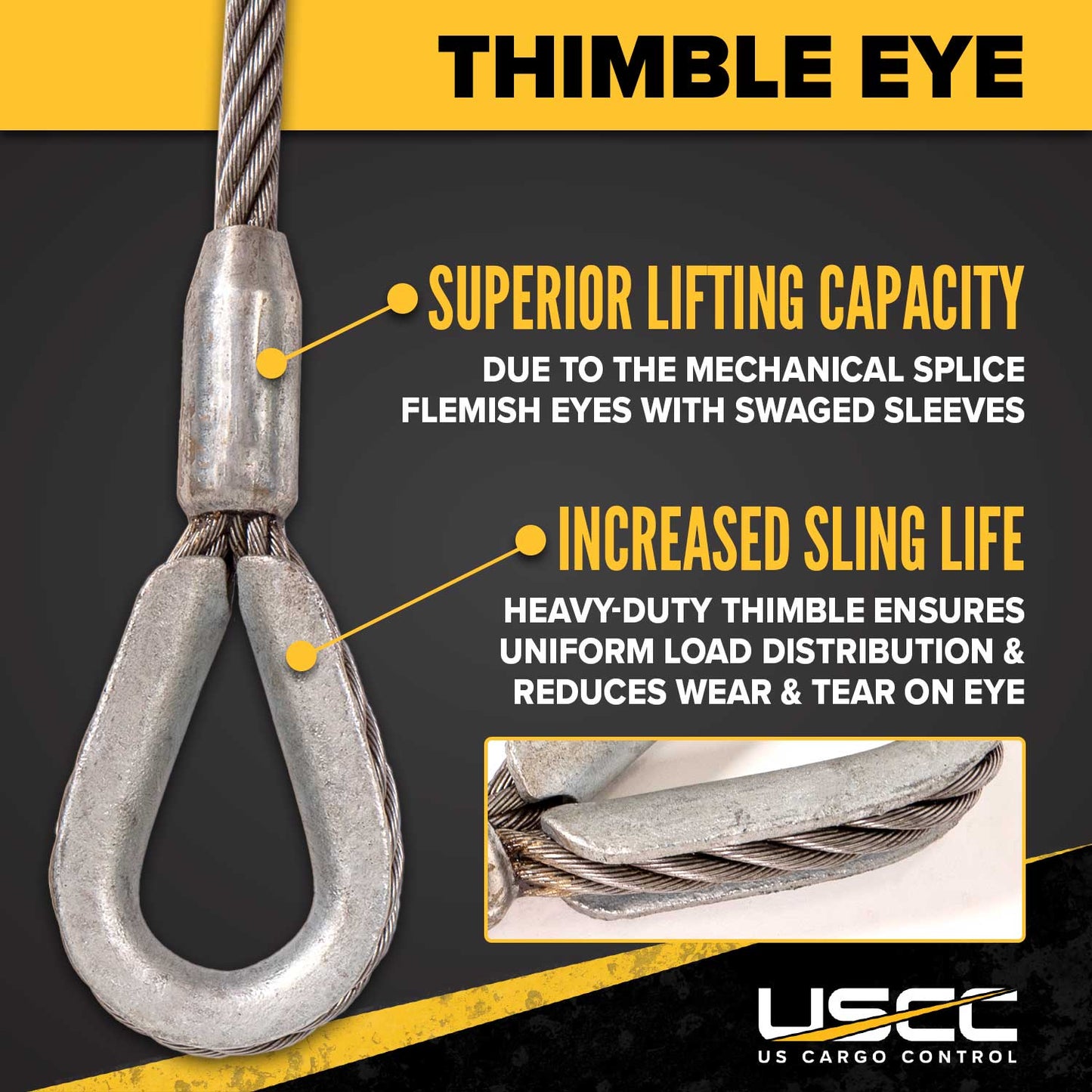 18' 3/8" thimbled eye protects wire rope sling