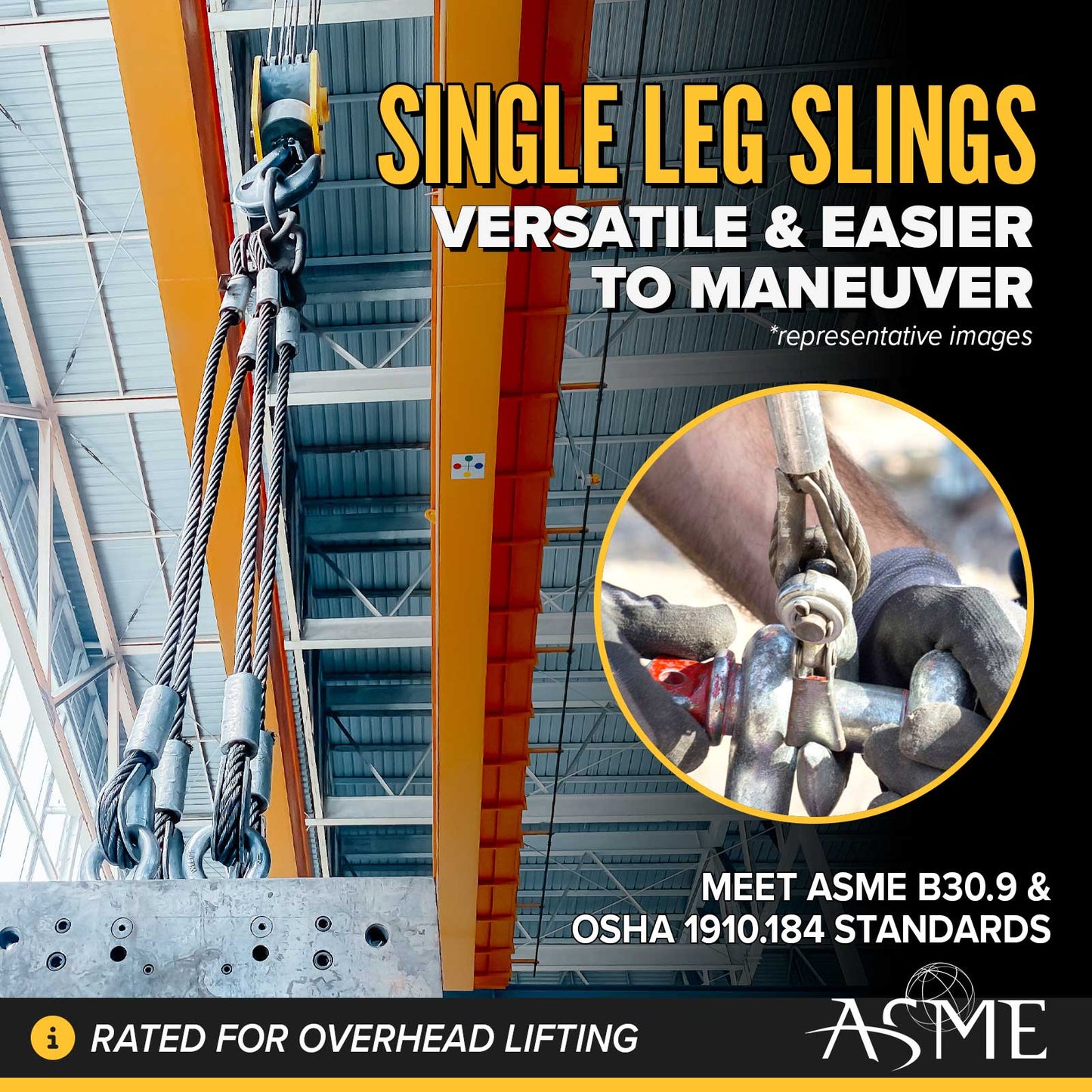 5' 3/4" single leg wire rope slings are versatile and meet all standards