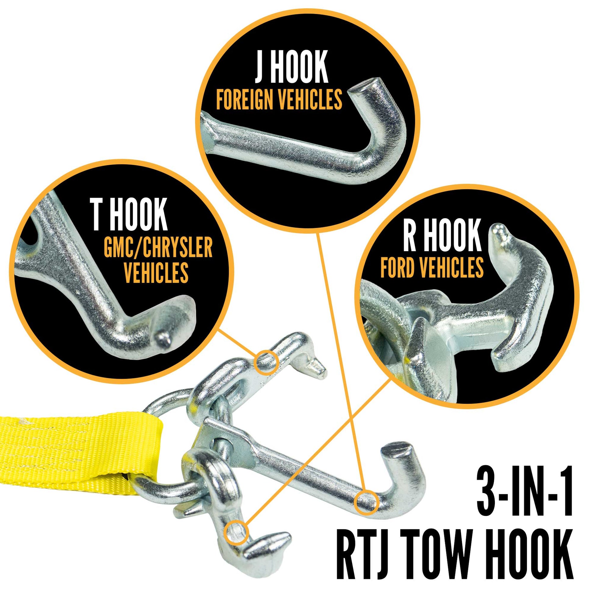 15' tow truck strap -  RTJ cluster hook attaches to 3 kinds of vehicles