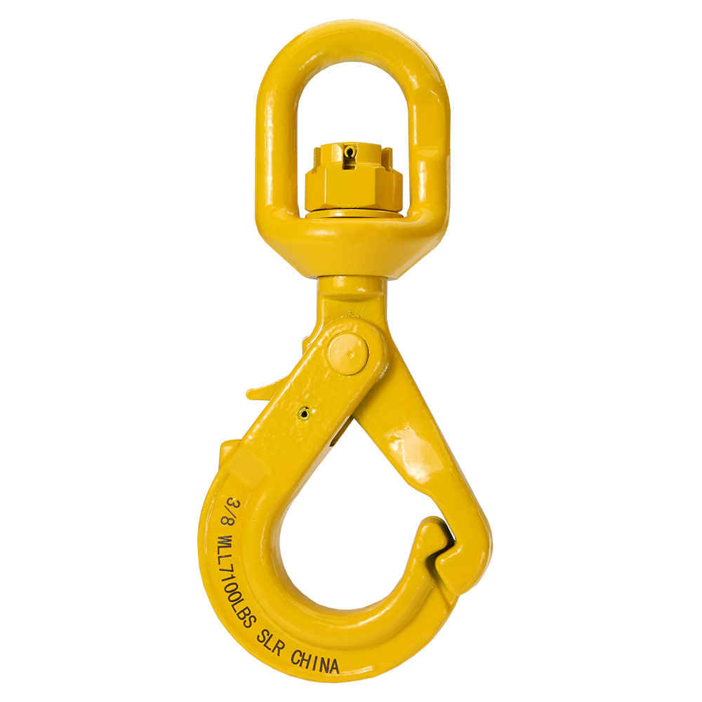Indusco 47400827 Grade 80 Drop Forged Steel Swivel Self-Locking Hook, Painted Finish, 3/8 Trade, 7100 lbs Working Load Limit, Yellow
