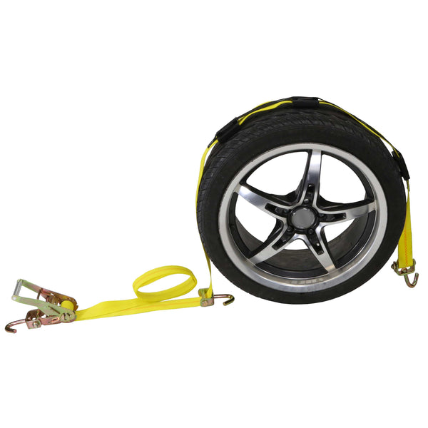 Wheel Strap with 3 Swivel J Hooks with 90 degree hook angle, Ratchet